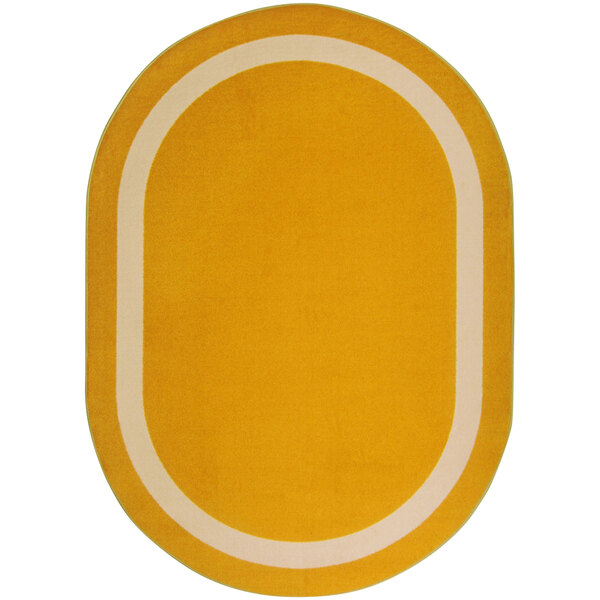 A yellow oval area rug with white accents.