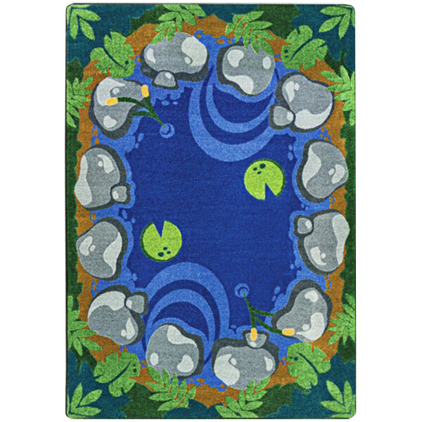 A multicolored rectangular area rug with a pattern of rocks and plants in blue, green, and grey.