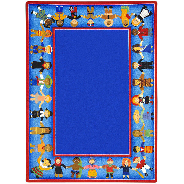 A blue rectangular area rug with cartoon characters of children from different cultures on it.