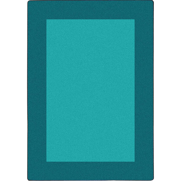 A teal rectangular rug with a black border.