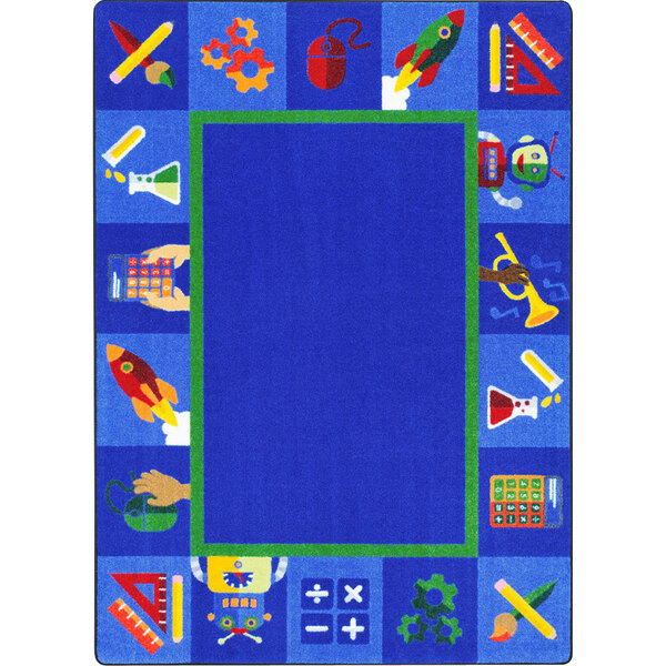 A blue rectangular rug with white symbols of various objects on it.