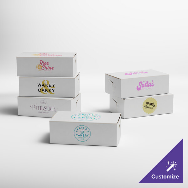 A group of white customizable donut boxes with different colored text and logos.