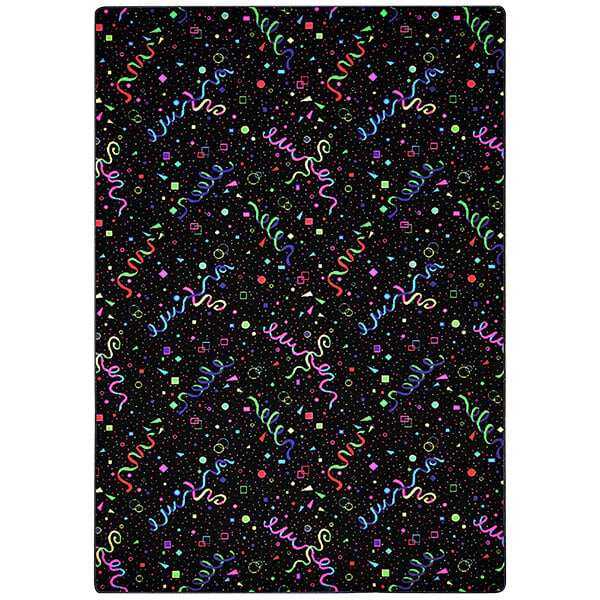 A black rectangular area rug with colorful confetti and streamers.