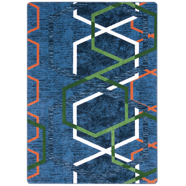 A blue and orange area rug with white and green lines in a geometric pattern.