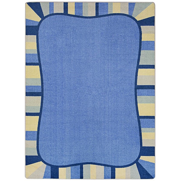 A pastel blue and yellow rectangular area rug with a blue border.