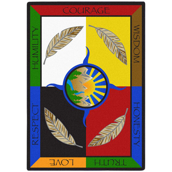A multicolored rectangular area rug with the words "peace," "unity," and "unity" in colorful text and feathers.