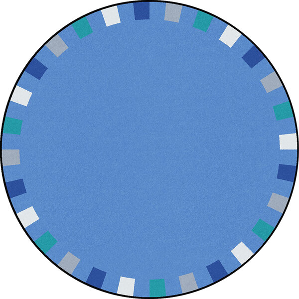 A Joy Carpets Kid Essentials On The Border soft round area rug with a blue circle border with white and grey squares.