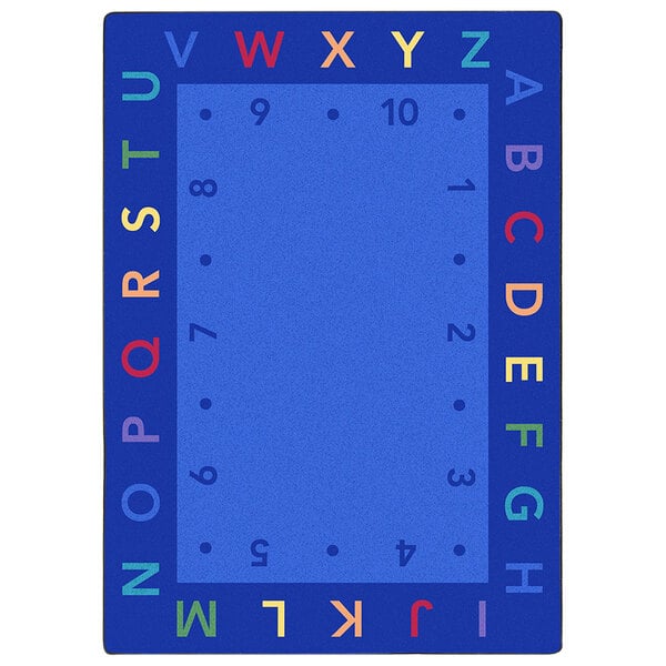A white rectangular rug with blue letters and numbers.