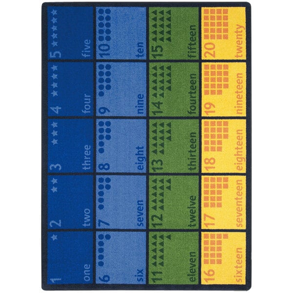 A Joy Carpets rectangle area rug with numbers and colors.