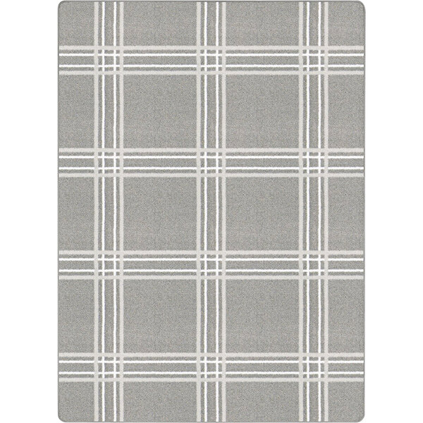 A grey and white plaid rug with a white border.