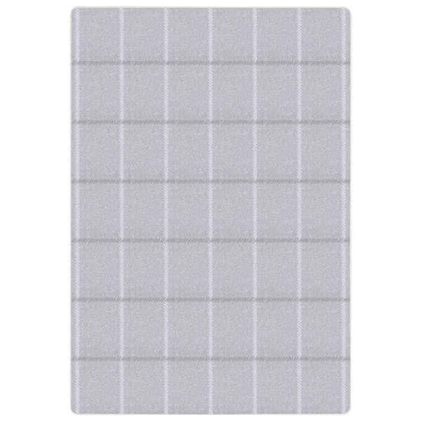 A white rectangular area rug with a grid pattern in black.