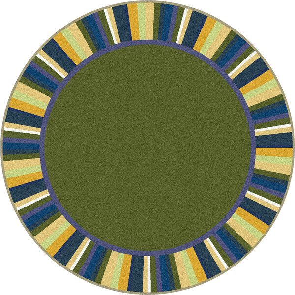 A Joy Carpets round area rug with a green center and blue and yellow stripes.
