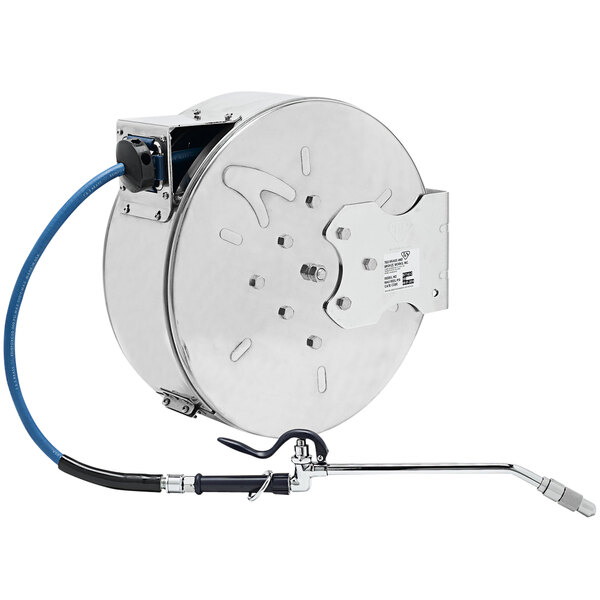 A T&S stainless steel hose reel with a hose attached to it.