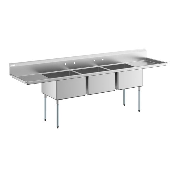 Regency 124" Three Compartment Commercial Sink with Galvanized Steel Legs and Two 24" Drainboards