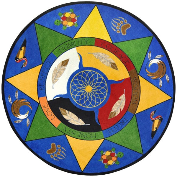 A multicolored circular rug with colorful designs including different symbols.