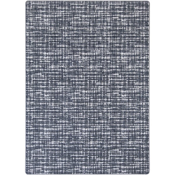 A close up of a gray rectangular area rug with an anchor pattern.