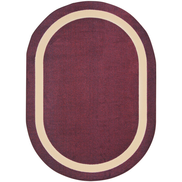 A heather oval rug with a white border in red and white.