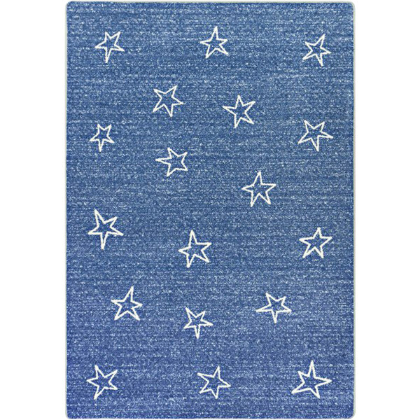 A blue rug with white stars on it.