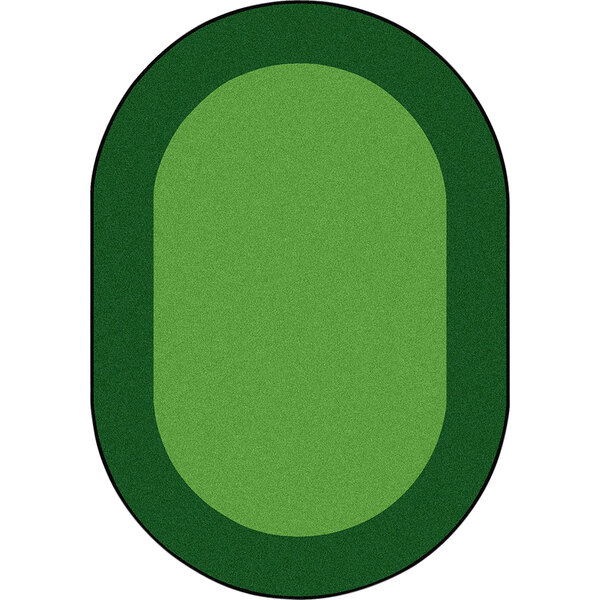 A green oval rug with a white border.