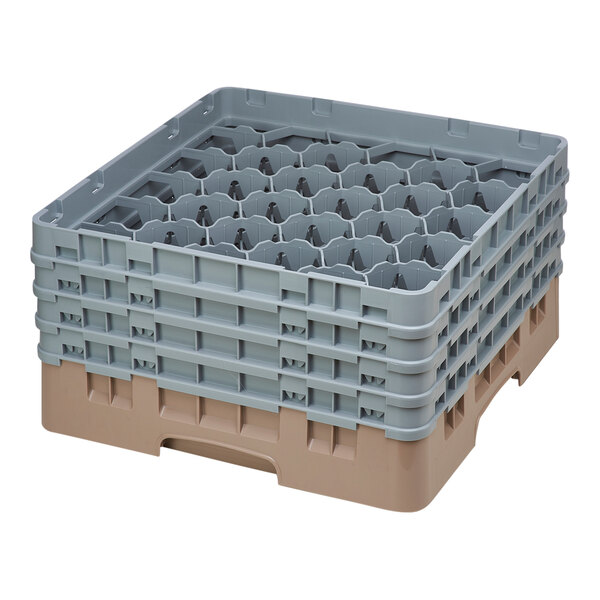 A beige plastic Cambro glass rack with 30 compartments and 4 extenders.