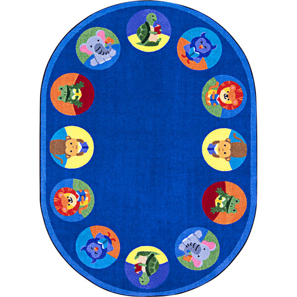 A multi-colored oval Joy Carpets area rug with animals on it.