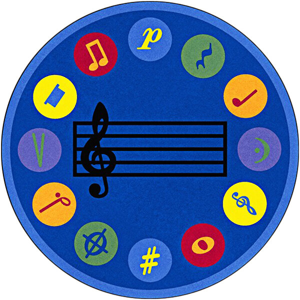 A multicolored round area rug with a blue border and yellow center. The rug features a blue circle with a treble clef and yellow and red symbols.