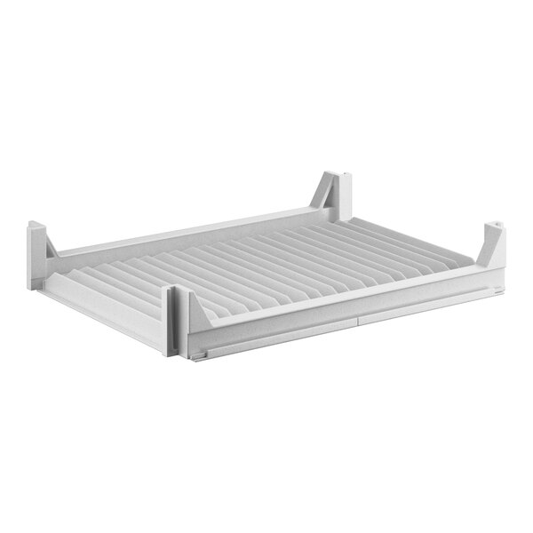 A white plastic shelf for Cambro Camshelving with metal slats.