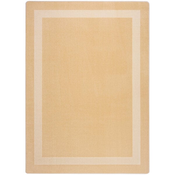 A tan rectangular area rug with a white border and black lines.