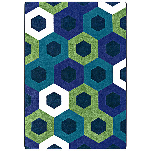 A violet rectangle area rug with blue and green hexagons on a white background.