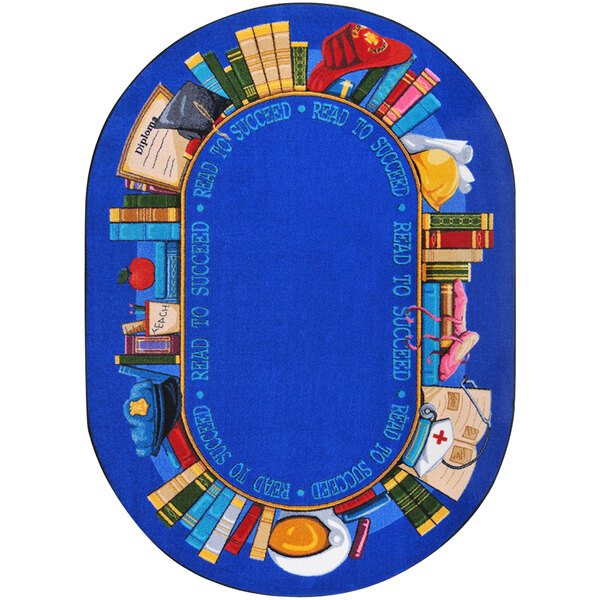 A multicolored oval rug with books in a design
