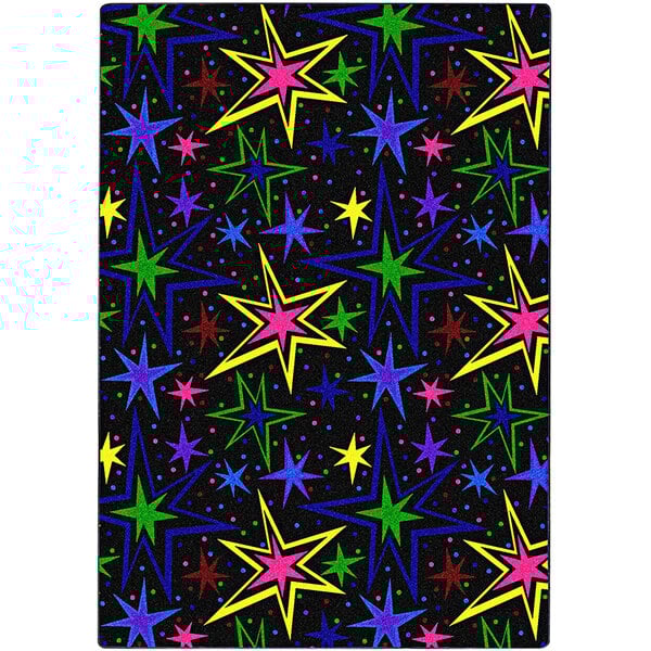 A black area rug with a colorful star pattern on it.