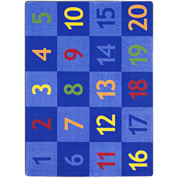 A blue rectangular area rug with yellow, white, and red numbers on it.