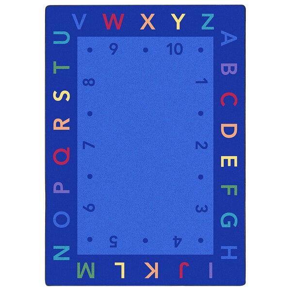 A blue rectangular rug with multicolored letters and numbers on a white background.