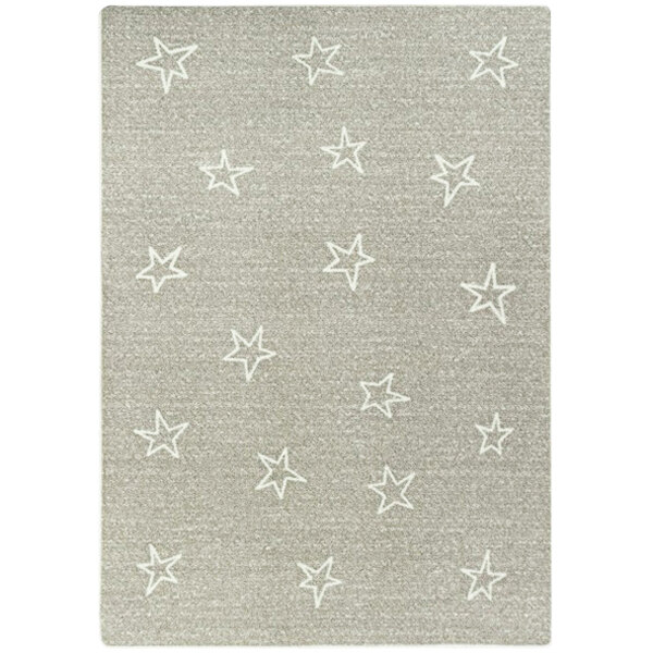 A linen rectangular area rug with white stars on a grey surface.