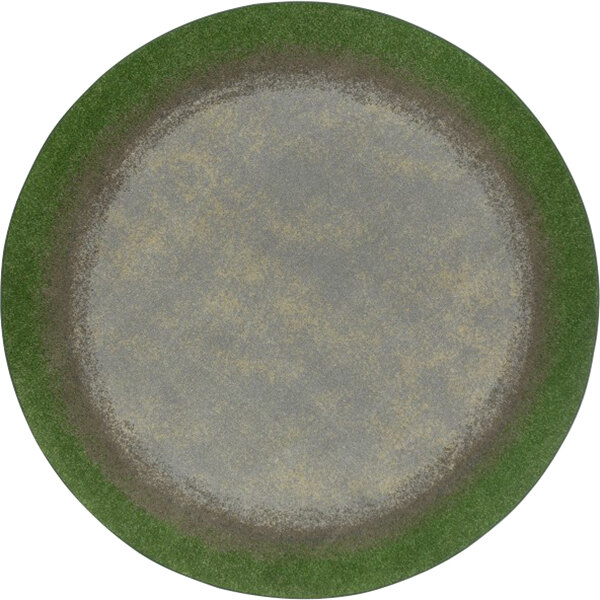 A round green and grey area rug with a meadow design.