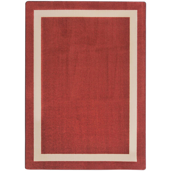 A white rectangular area rug with a red and beige border.