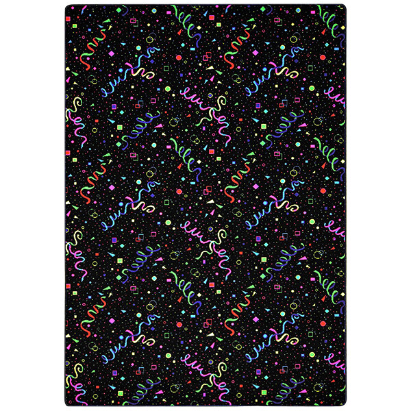 A black rectangular area rug with colorful confetti and streamers.