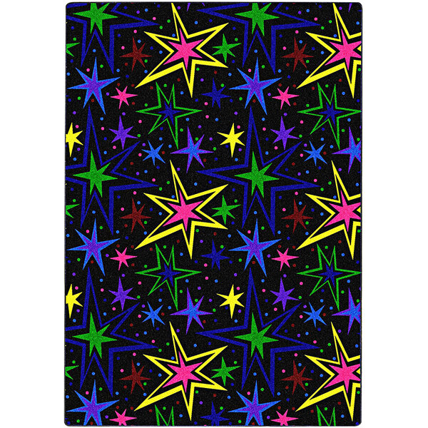 A black area rug with colorful star patterns on it.