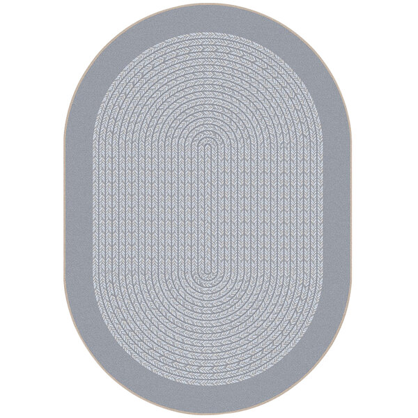 An oval area rug with a gray braided border on a white background.