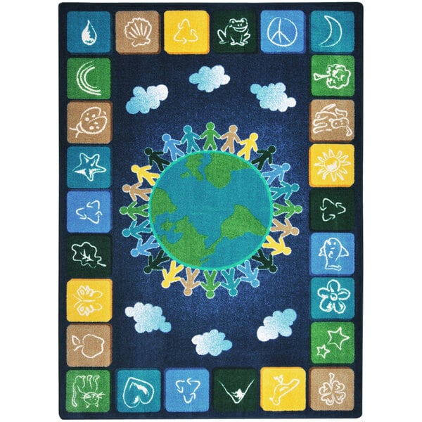 A Joy Carpets rectangular area rug with different symbols of people around the earth.