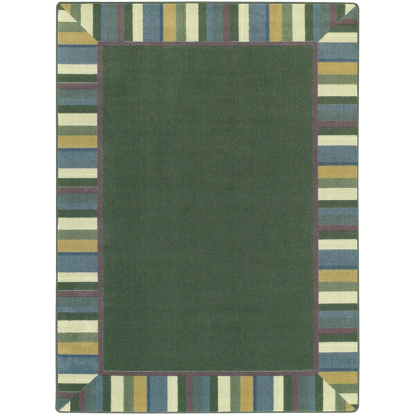 A Joy Carpets Clean Green area rug with a green, blue, and yellow striped border.