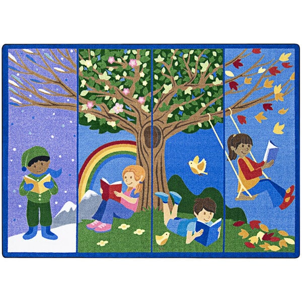 A multicolored rectangular area rug with different images of kids reading books under trees.