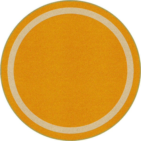 A yellow round rug with a white circle border.