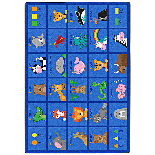 A white rectangle area rug with blue borders and animals and numbers on it.