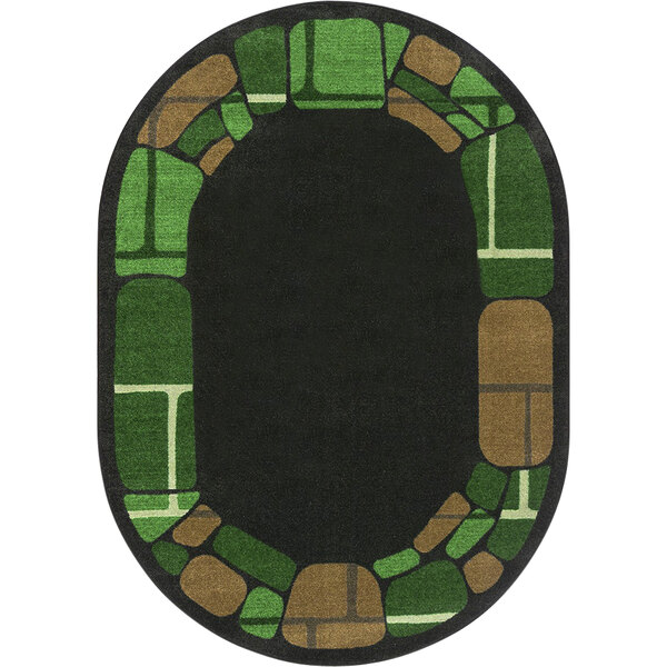 A black and green oval rug with a stone pattern and black border.