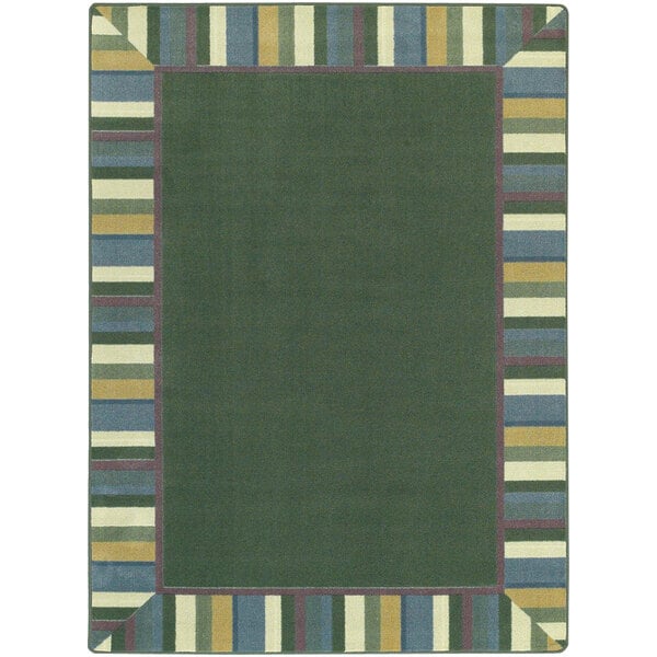 A Joy Carpets Clean Green area rug with a colorful striped border.