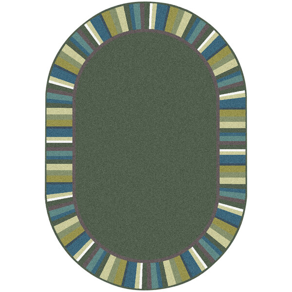 A Joy Carpets soft oval area rug with green, blue, and yellow stripes and a border.