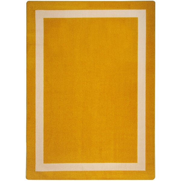 A white rectangular area rug with a yellow border.
