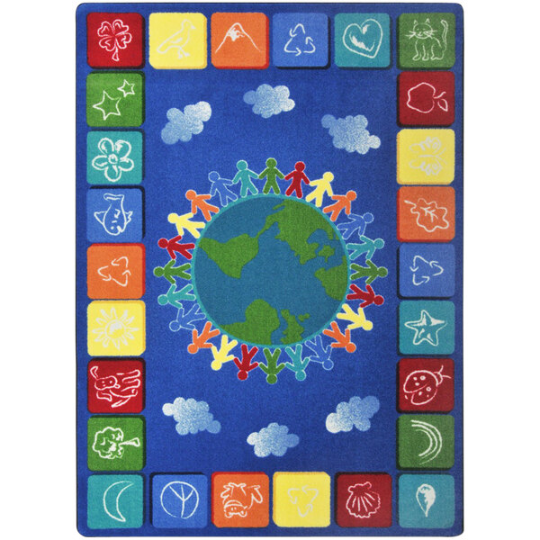 A colorful rectangular area rug with people and a globe.