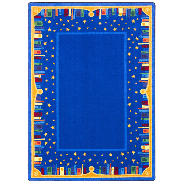 A rectangular multicolored rug with a blue border and a pattern of books and stars.